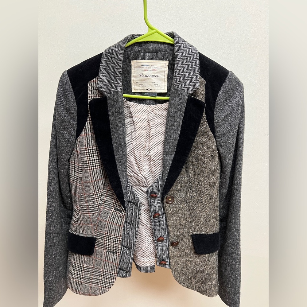 Gray and Black Patchwork Blazer Anthropologie dark academia